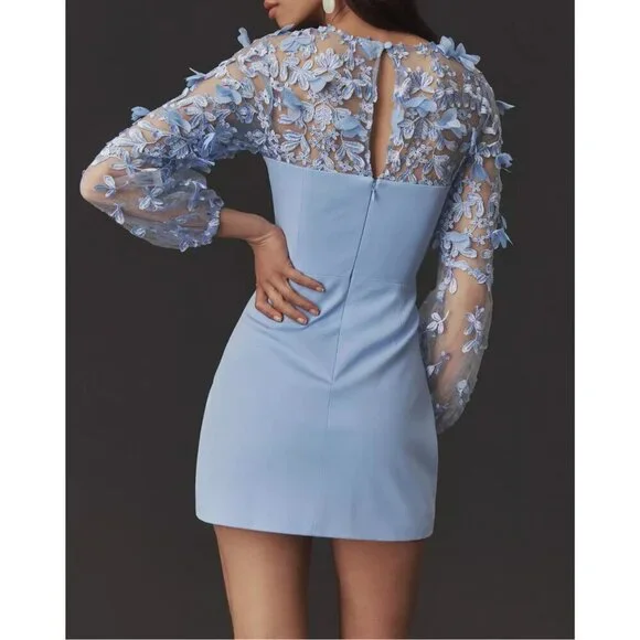 NWT Dress the Population Mila Floral Applique Mini Dress in Sky